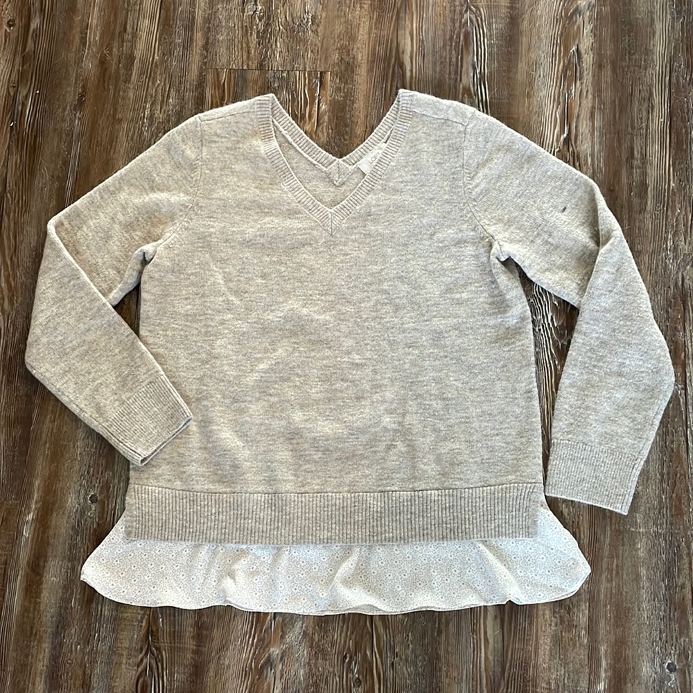 LOFT Mixed Media Floral Knit  V-Neck Sweater